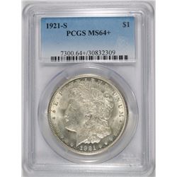 1921-S MORGAN SILVER DOLLAR, PCGS MS-64+ BIG MONEY IN MS-65!