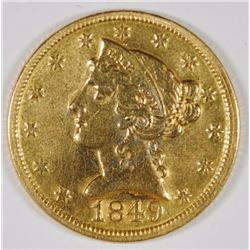 1849-D $5 GOLD LIBERTY AU CLEANED RARE DAHLONEGA MINT GOLD