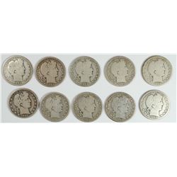 10 DIFFERENT BARBER HALF DOLLARS NICE G+ COINS