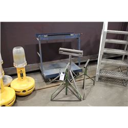 BLUE MOBILE CART, 2 JTD STANDS, AND A ROLLER STAND