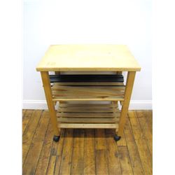 Furniture (1): Rolling kitchen cart – wood with butcher block top, two slat shelves – 30.5 x 26 x 17