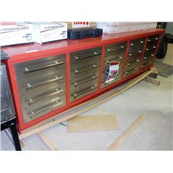 LARGE WORK BENCH, 10', 20 DRAWER 40" HANGING WALL BY 10'