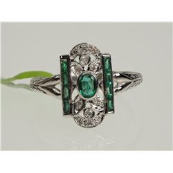 #2-14K WHITE GOLD EMERALD & DIAMOND RING