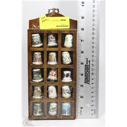 LOT OF 15 DECORATIVE THIMBLES IN WOOD DISPLAY CASE