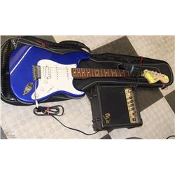 SQUIER STRAT BY FENDER BLUE ELECTRIC GUITAR W AMP