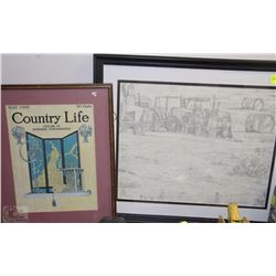 2 FRAMED PICTURES 1 COUNTRY LIFE+FARM SCENE