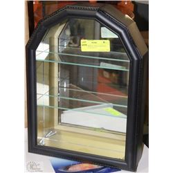 WOOD, MIRROR AND GLASS WALL CURIO 14.5"H X 10.75"