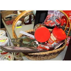 VINTAGE COCA COLA COLLECTIBLES IN HANDLED WICKER