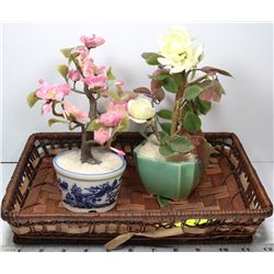 SET OF 2 BONSAI MINIATURES ON WICKER TRAY
