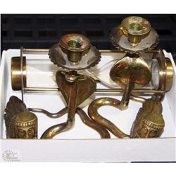 BOX OF BRASS SNAKE CANDLE HOLDERS,VINTAGE PAPER