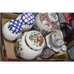 BOX W/ GINGER JARS, KITCHEN SET, CREAM + SUGAR