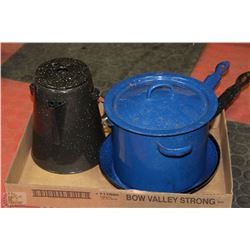 SET OF ENAMEL CAMPING POT,KETTLE AND 2 PANS