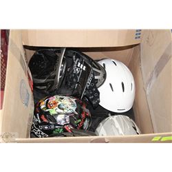 BOX WITH MASKS WITH GOGGLES, SKATEBOARD HELMETS,