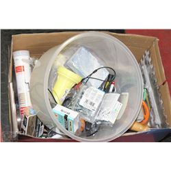 BOX WITH NEW/USED RENOVATION TOOLS ETC