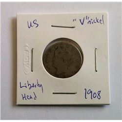 US 1908 V LIBERTY HEAD 5 CENT PIECE