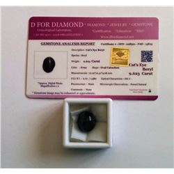 9.623 CT GREY CAT'S EYE BERYL GEMSTONE & COA