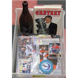 BOX OF HOCKEY WITH MAGAZINES BOOKS AND 2 SETS OF
