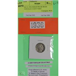 K)U.S 1936 INDIAN BEAR HEAD BUFFALO 5 CENT VERY