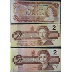 1974-1986 CANADIAN TWO DOLLAR BANKNOTES X3