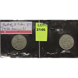 CANADIAN 1936 GEORGE V SILVER NICKELS X2