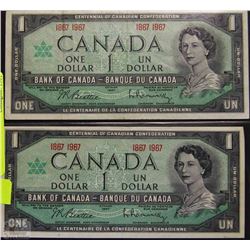 1867-1967 CANADIAN CENTENNIAL $1 BANKNOTES X2