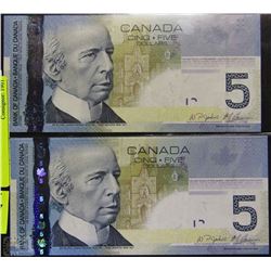 UNC 2006 CANADIAN MINT $5 BANKNOTES CONSEC. S/N X2