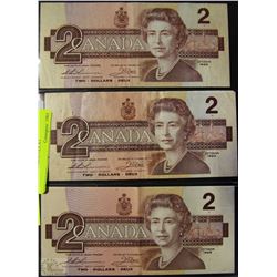 1986 CANADIAN TWO DOLLAR "ROBIN" BANKNOTES X3