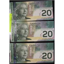 UNC 2004 CANADIAN $20 BANKNOTES CONSECUTIVE S/N X3
