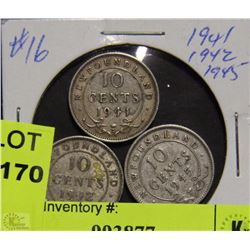 1941-42-45 NEWFOUNDLAND SILVER DIMES X3