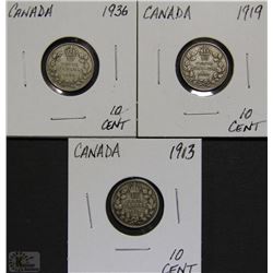 THREE CANADIAN SILVER 10 CENT COINS INCLUDING