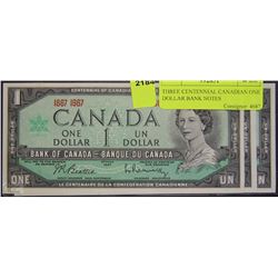 THREE CENTENNIAL CANADIAN ONE DOLLAR BANK NOTES