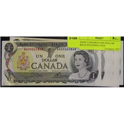 EIGHT CANADIAN ONE DOLLAR BILLS W/CONSECUTIVE