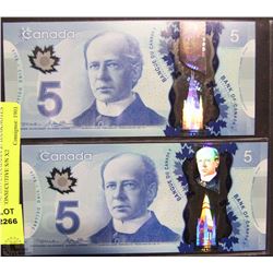 UNC 2013 CANADIAN $5 BANKNOTES CONSECUTIVE S/N X2