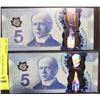 Image 1 : UNC 2013 CANADIAN $5 BANKNOTES CONSECUTIVE S/N X2