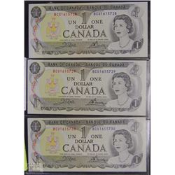 UNC 1973 ONE DOLLAR BANKNOTES CONSECUTIVE S/N X3