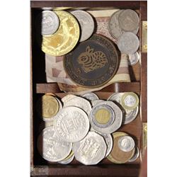 WOODEN BOX OF COINS; PENCES, PESOS, AND MORE
