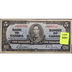 1937 FIVE DOLLAR CANADIAN BANKNOTE