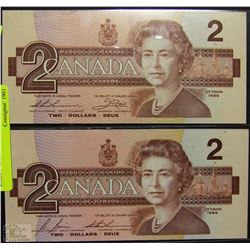 UNCIRCULATED 1986 CANADIAN $2 "ROBIN" BANKNOTE X2