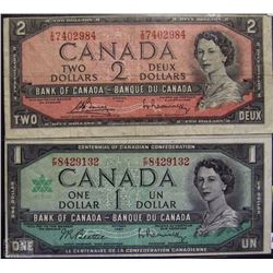 K) LOT OF 2 MISCUT BILLS $1, $2 DOLLAR BILLS