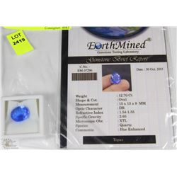 TRP88 BLUE TOPAZ 12.70CT HUE ENHANCED WITH COA