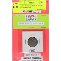 L) 1931 GEORGE V SILVER 25 CENT FINE CONDITION