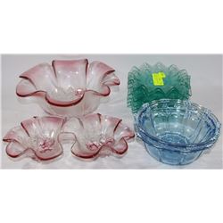 12 PIECES PINK GREEN AND BLUE DEPRESSION GLASS
