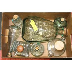 BOX OF GLASS DECANTERS AND BOTTLES