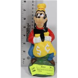 GOOFY PIGGY BANK WITH 30 PLUS FOREIGN COINS