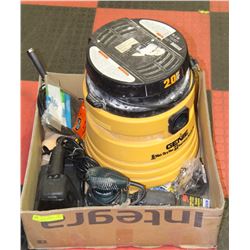 LARGE BOX W/SHOP VAC, ORBITAL SANDER,