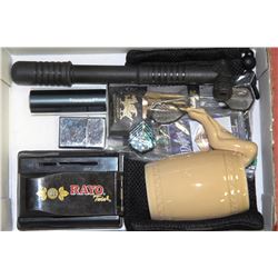 BOX W/BIKE PUMP, BEER CUP, SET OF DARTS,