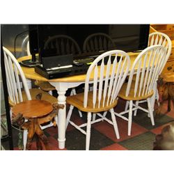 WOOD GRAIN TABLE WITH LEAF AND 6 MATCHING CHAIRS