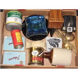 LOT OF VINTAGE ITEMS - JUG,TOBACCO TINS,CAMERA