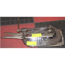 BUNDLE OF 3 ASSORTED C CLAMPS ,AND CHAIN VISE