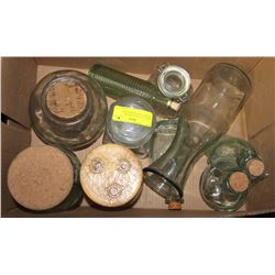 BOX OF GLASS CANISTERS, BOTTLES, DECANTERS, MILK